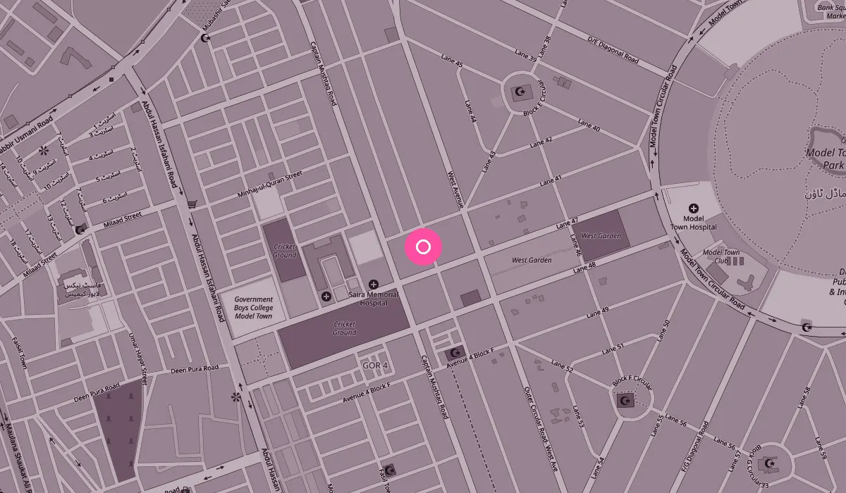 Map of Block K, Model Town, Lahore, with De Flores Allee marked