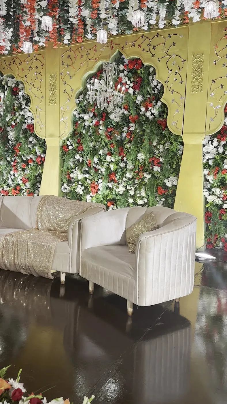 The stage dressed with fresh flowers
